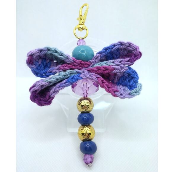 Crochet Dragonfly Vintage Beaded Keychain Hand Crafted Purse Charm Bag Clip NEW - Picture 3 of 10